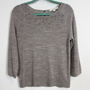 Loft Embellished Tan 3/4 Sleeve Sweater M